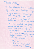 Letter from Machynlleth beavers, cubs and scouts 2014