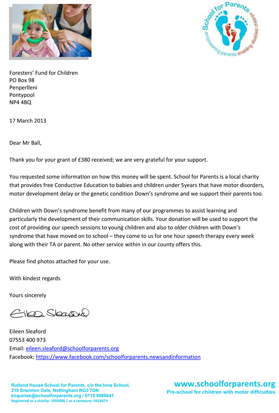 School for Parents thank you letter School for Parents thank you letter
